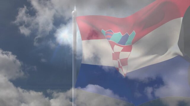 Croatian tricolor flag unfurling and billowing while breeze rising, coat of arms twisting