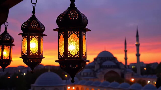 Illuminated Ramadan lanterns hang at dusk with a mosque silhouetted against a colorful sky