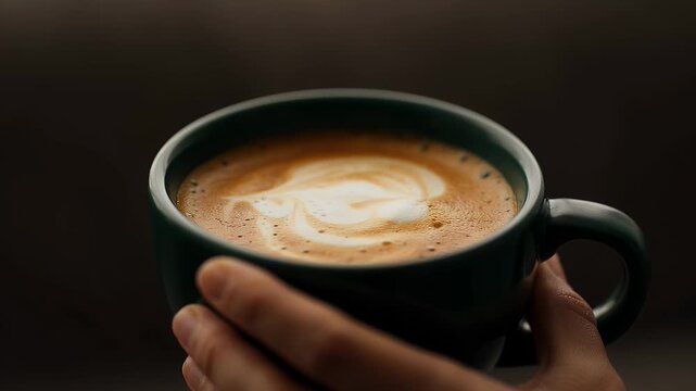 Close-up of a hand holding a cup of delicious coffee with foam.