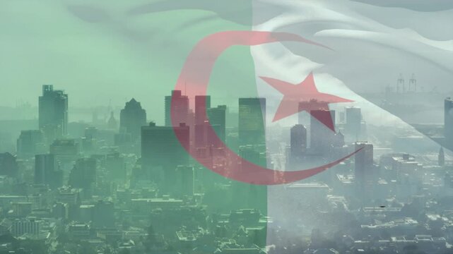 Fade-in starting translucent Algerian flag rippling then settling over hazy skyline, showing pride