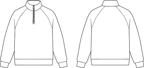 Technical fashion flat sketch of a blank men’s quarter zip sweatshirt with raglan sleeves, ribbed cuffs, and hem, front back view. © fulbabu