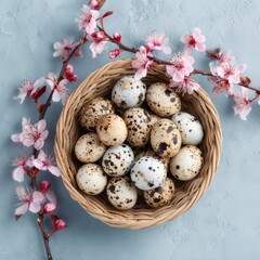 Obraz premium Celebrate Easter with colorful eggs in a woven basket surrounded by spring flowers for a festive holiday message