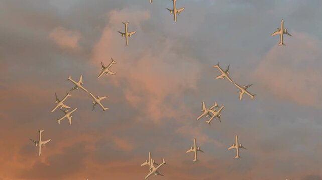 Commercial jets crossing the skies, planes or air traffic. Multiple aircraft passing above against magic hour late afternoon evening sky.