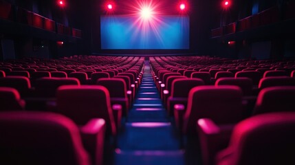 Empty movie theater auditorium, rows of red seats, vibrant blue and red lights on the screen