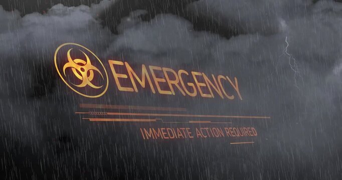 Lightning flashing amid storm starting gold emblem and EMERGENCY headline revealing urgent alert