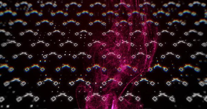 Magenta cluster forming, dropping in grid, plume rising, twisting, pulling glow, showing contrast