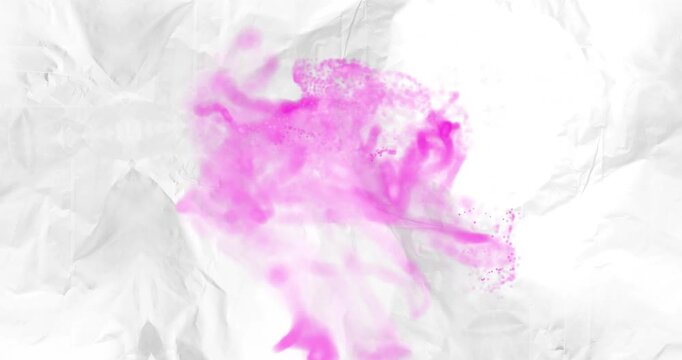 Magenta blot emitting jet inflating swirling plume specks drifting showing spread on crumpled paper