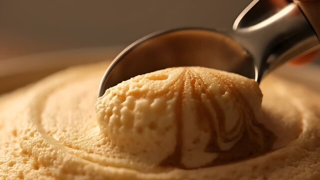 An elegant close-up shows a reflective metal scoop lifting a textured portion of vanilla ice cream beautifully marbled with delicate patterns of golden caramel sauce.