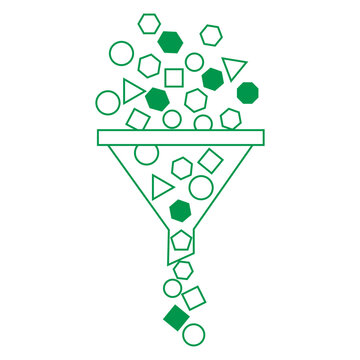Visual representation of data sorting and information filtering process using a simplified funnel icon with various geometric shapes passing through the constricted opening