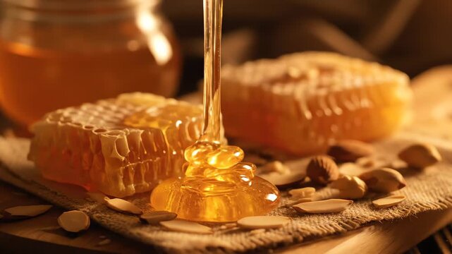 Thick golden honey drips from a wooden dipper onto a rustic burlap surface, surrounded by fresh honeycombs and scattered almond slivers in warm, inviting light.