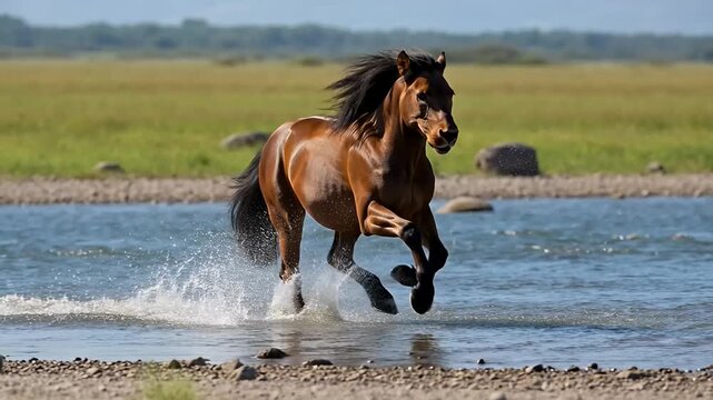 A majestic brown horse galloping through a shallow river on a sunny day