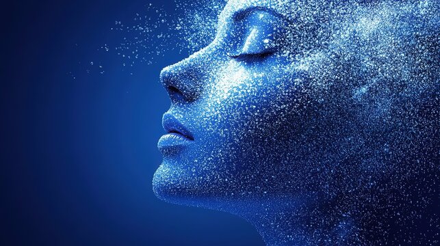 Profile of a Woman with Particle - like Effect on Blue Background