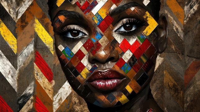 Close-up portrait of a woman, face adorned with colorful geometric patterns, set against a textured background