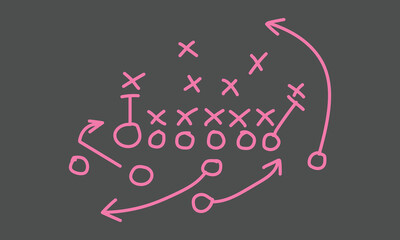 Hand drawn pink chalk schematic illustrating a complex American football offensive play diagrammed against a dark background.