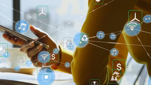 Woman leaning on left arm and tapping phone, causing icon network growing to show IoT connectivity