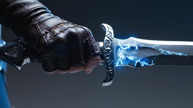 Hand holding glowing sword