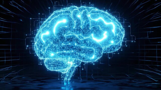 Blue glowing wireframe human brain with active neural network signals.