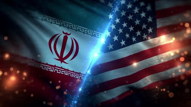 Iran vs USA Flag Confrontation Background, Waving National Flags of Iran and United States with Dramatic Lighting and Sparkling Particles for Geopolitical News and Documentary Production, 4K.