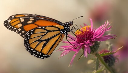 Fototapeta premium Monarch Butterfly Feeding on Pink Milkweed Flowers Isolated on White Background Hyperrealistic