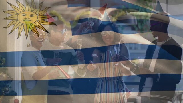 Group raising flutes, popping popper and clinking while flag overlay waving over scene, for events