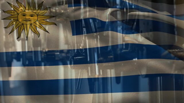 Frame sequence starting, Uruguayan flag rippling and folding, revealing gym equipment
