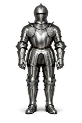 Obraz premium A full suit of armor stands upright in a museum. The armor is shiny and made of metal, showing details of its design. This piece represents the combat gear used in the medieval period