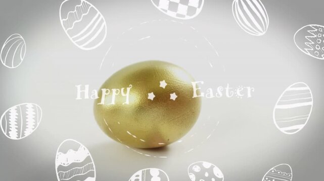 Frame sequence starting, golden egg rolling while doodle eggs fading in and text forming frame