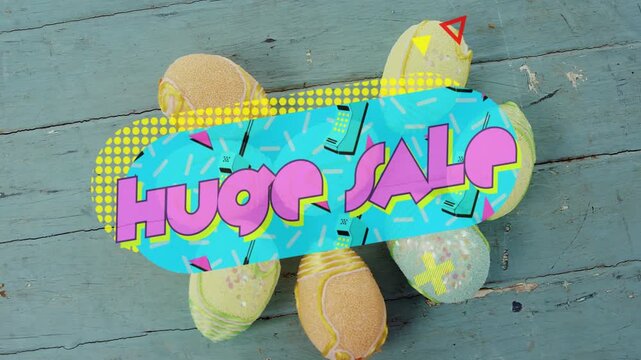 On load, cyan banner centering over pastel eggs, magenta sale text and icons appearing to promote