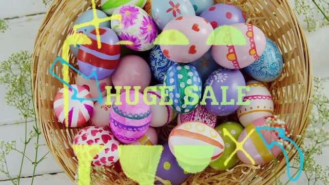 Paint blob and doodles initiating sweep, animating, revealing HUGE SALE while highlighting basket