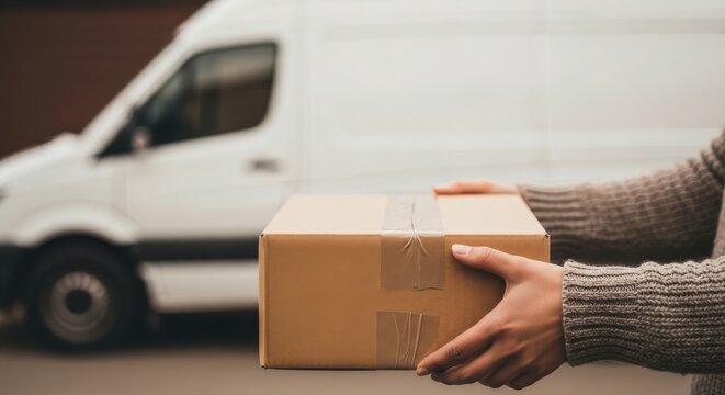 Person holding a package next to a delivery van on a city street.