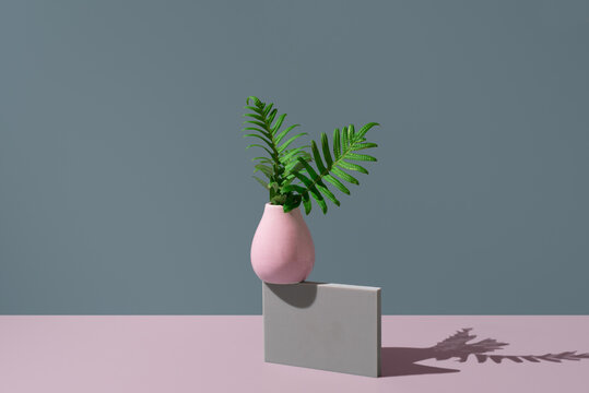 Hojas de helecho naturales en un jarr&oacute;n de cer&aacute;mica rosa sobre fondo verde y rosa	