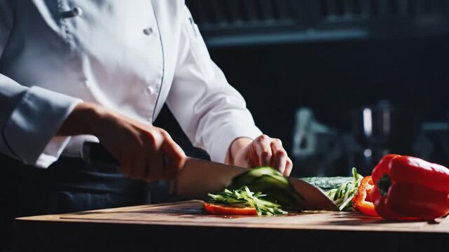 Professional chef preparing fresh vegetables in a commercial kitchen with focus on cutting and food ingredients for culinary cuisine