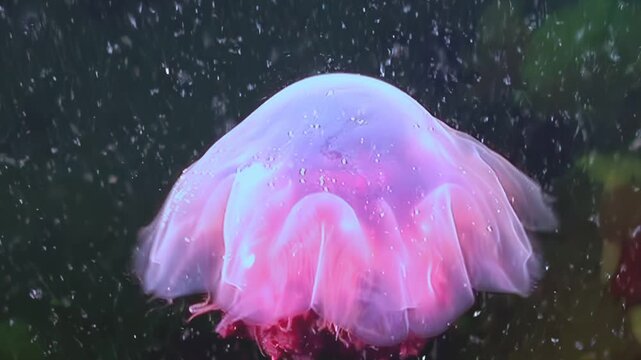 A Cyanea capillata, one of the world's largest jellyfish, gracefully pulsates in the cold, dark waters of the Arctic. Its bell glows pink, while its red tentacles drift gently.