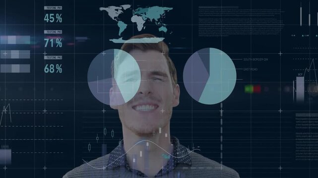 Male presenter reacting to animated charts appearing on face, raising hands, laughing, demoing tech