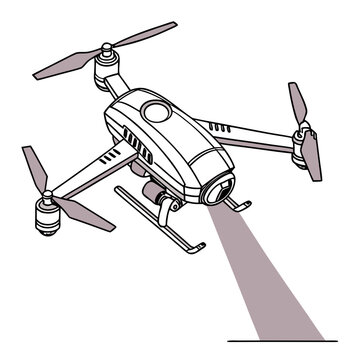 Drone with four rotors and spotlight on white background