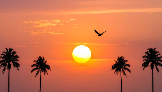 Sunset palm silhouette orange sky sun tropical bird cloud landscape create tranquil tropical sunset scene with large sun low in orange sky silhouetted palm trees and bird flying peacefully