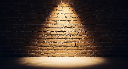 Dramatic spotlight on rustic brick wall with warm lighting effects