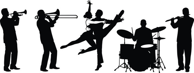 Black and white silhouette of musical band with trumpet, trombone, flute, drums, and a couple dancing in elegant poses isolated. © Shahanaj