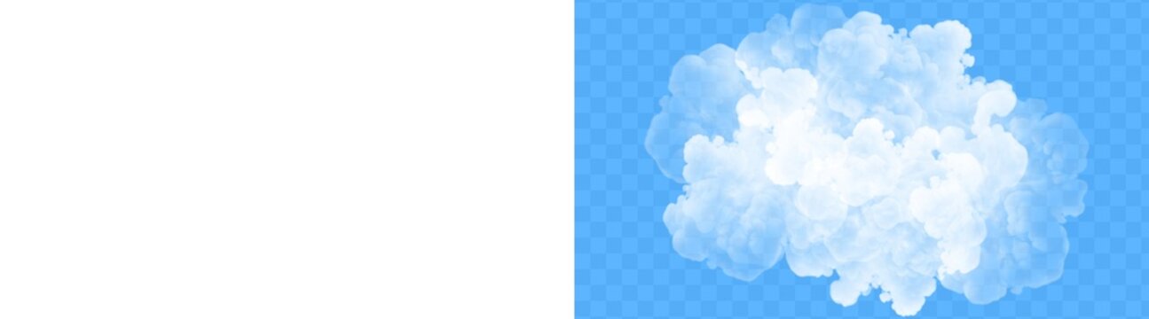 Fluffy white cloud, realistic smoke or vapor effect, transparent background overlay.