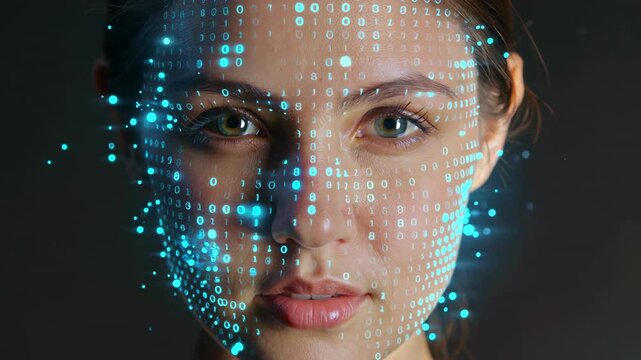 Beautiful young woman face transforming into artificial intelligence digital binary code cyborg futuristic beauty portrait