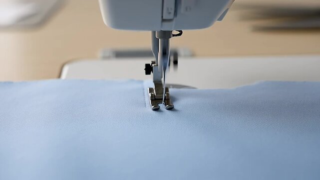 Close-up of a sewing machine needle rapidly stitching light blue fabric, demonstrating textile craftsmanship