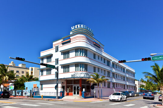 Miami, USA - July 27, 2010:   midday view at Ocean drive  in Miami Beach, Florida. Art Deco architecture in South Beach is one of the main tourist attractions in Miami.