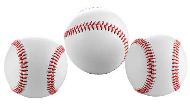 Three baseballs arranged in a row, centered on a transparent backdrop, with red seams and white leather textures