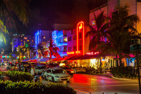 night view at Ocean drive in Miami Beach, Florida