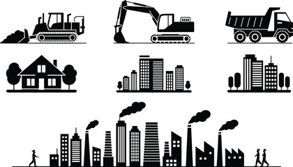 Construction and city skyline silhouette set, buildings factory machinery icons collection, black vector isolated background illustration © Vexora Studio