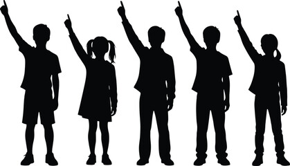 Children raising hands silhouette illustration, boys and girls standing pointing up, black vector isolated background graphic design