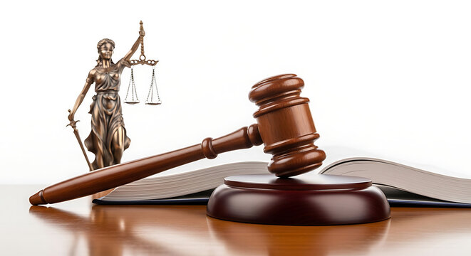 Open law book and judge gavel on table with white background and lady justice statue silhouette art