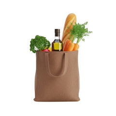 Brown grocery tote bag filled with fresh vegetables and bread transparent background