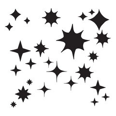 A collection of various black star and sparkle shapes scattered on a white background.