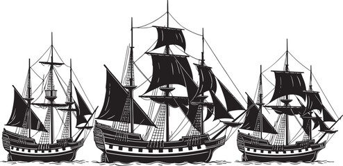Silhouette vector set of old sailing ships, historical vessels with masts and sails, maritime exploration concept, naval history illustration, ocean travel design © MstSahanaj